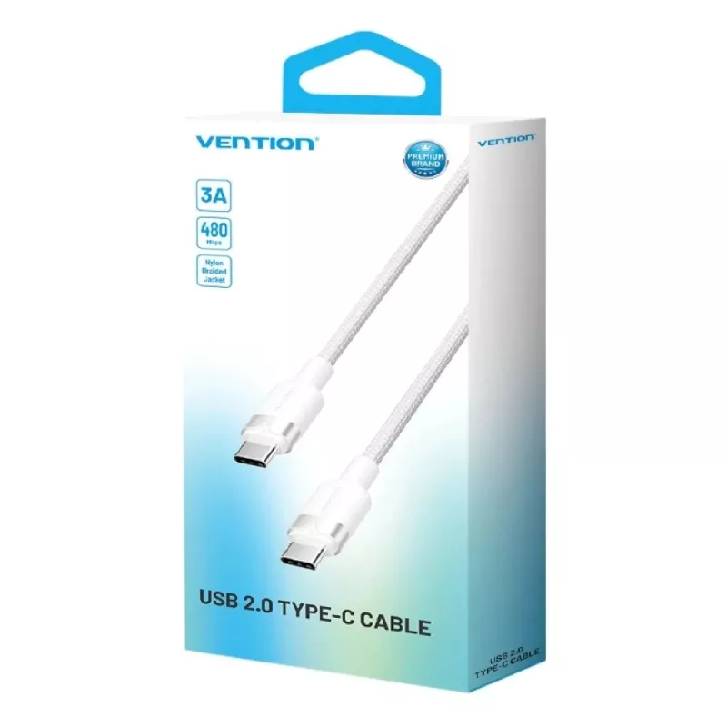 USB-C uz USB-C kabelis Vention TRDWF — 1 m, USB 2.0, 60 W elektroenerģijas piegāde, 3 A, balts