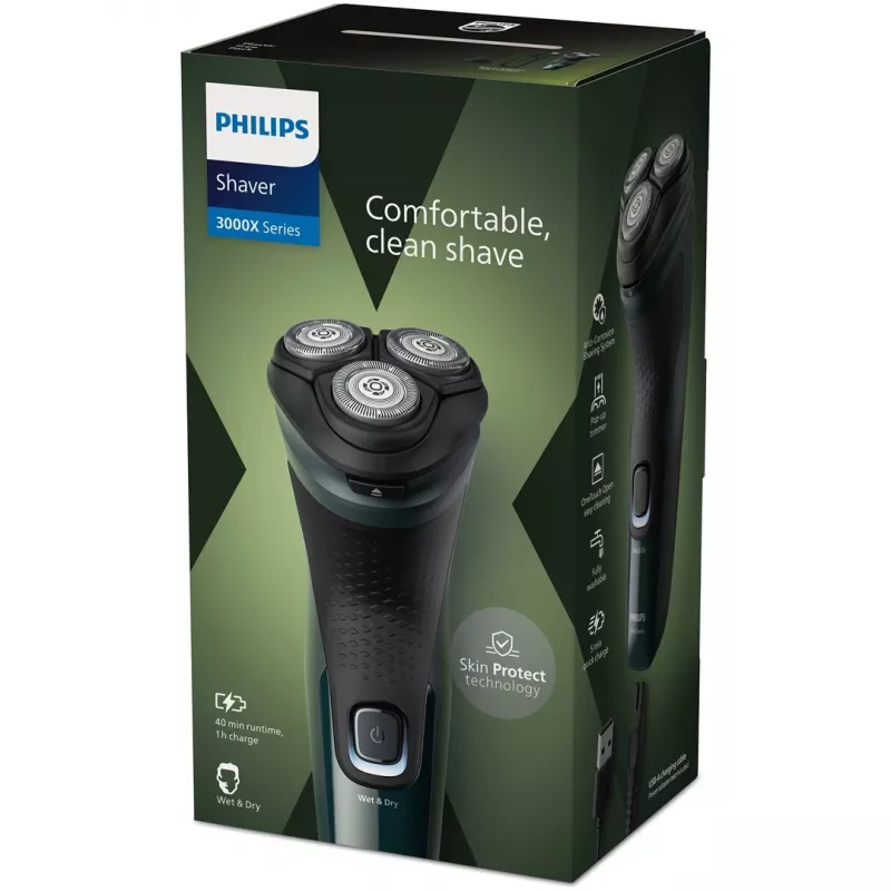 Elektriskais rotācijas skuveklis Philips 3000X sērija X3002/00 – 3 galviņu slapjās un sausās skūšanas bezvadu skuveklis, NiMH akumulators, 40 min darbības laiks