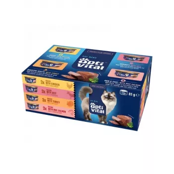 OptiVital mini puszka- Multibox pieaugušiem kaķiem ar liellopa, vistas, tītara, aļņa garšu 12x85g