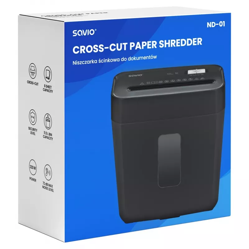 Papīra smalcinātājs SAVIO ND-01, šķērsgriezuma 4 x 32 mm, 11 L tvertne, 230 W, melns, 72 dB