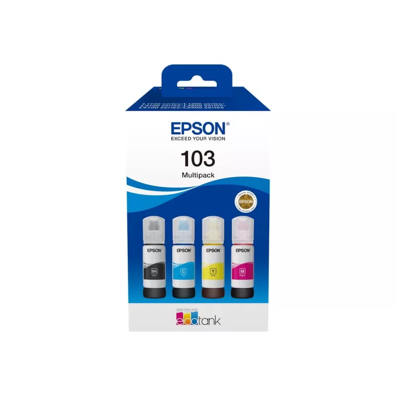 Tintes kasetņu komplekts Epson EcoTank 103 — Oriģināls 4 krāsu komplekts (melna, ciāna, fuksīna, dzeltena), melna 4500 lpp., krāsaina 7500 lpp.
