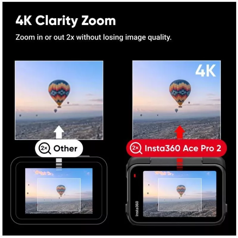 Action sports kamera Insta360 Ace Pro 2 — 50 MP, 8K Ultra HD (7680×3272), 1/1,3 collu sensors, līdz 240 kadriem/s, iebūvēts displejs, Wi‑Fi, MicroSD, 177,7 g, Melna