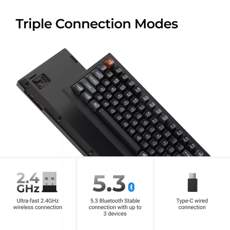 Mehāniskā 75% tastatūra Keychron V1 Ultra 8K — QWERTY, Bluetooth un vadu, RGB, melna
