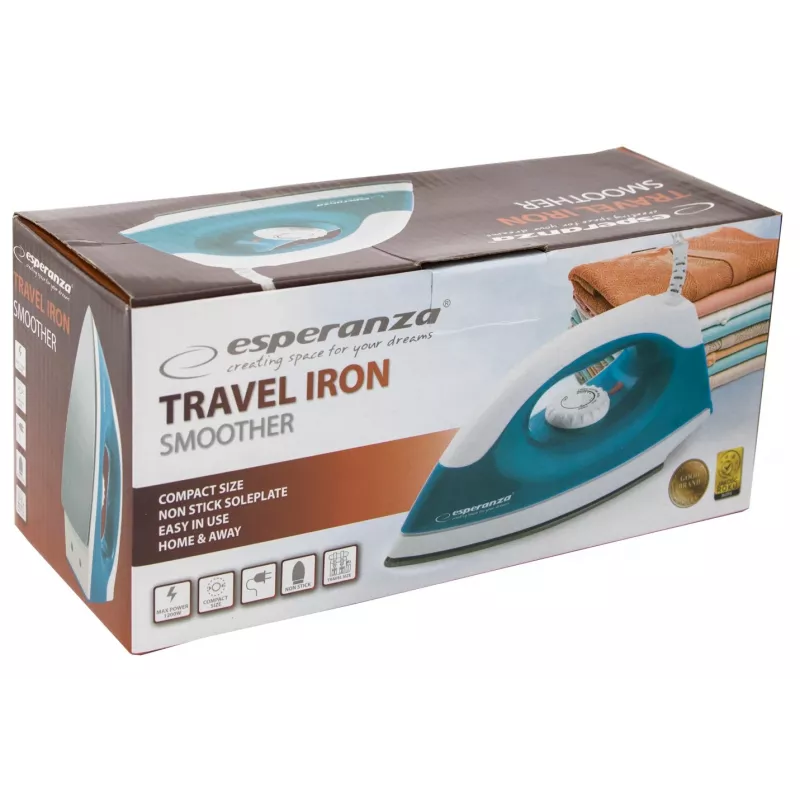 Sausais gludeklis Esperanza TRAVEL IRON SMOOTHER — 1200 W, nepiedegoša gludināšanas virsma, 1.4 m vads, temperatūras indikators, ceļojumu dizains