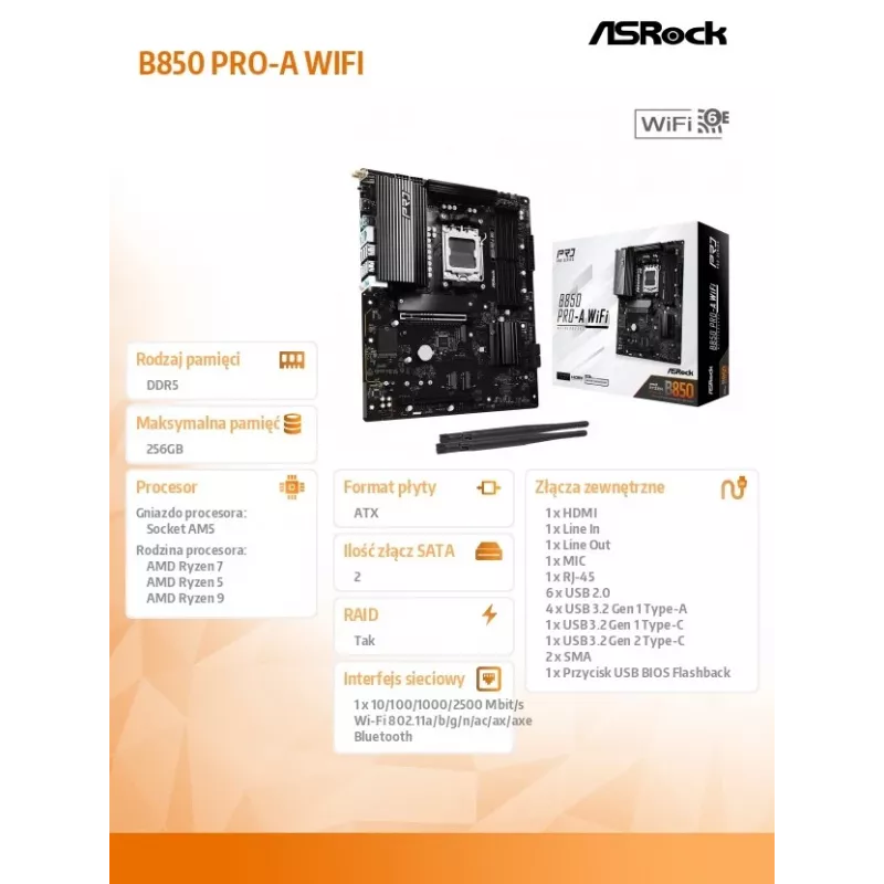 Mātesplate ASRock B850 Pro-A WiFi AMD B850 Socket AM5 ATX