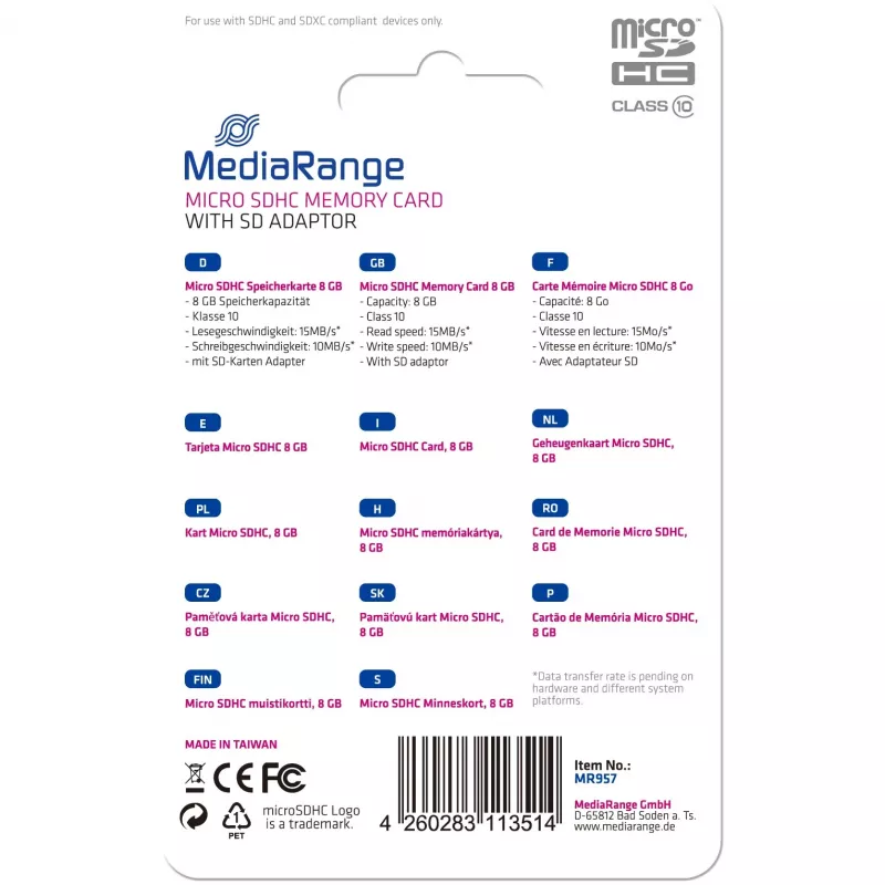 Atmiņas karte Micro SDHC 8GB C10/W/ADAPTER MR957 Mediarange