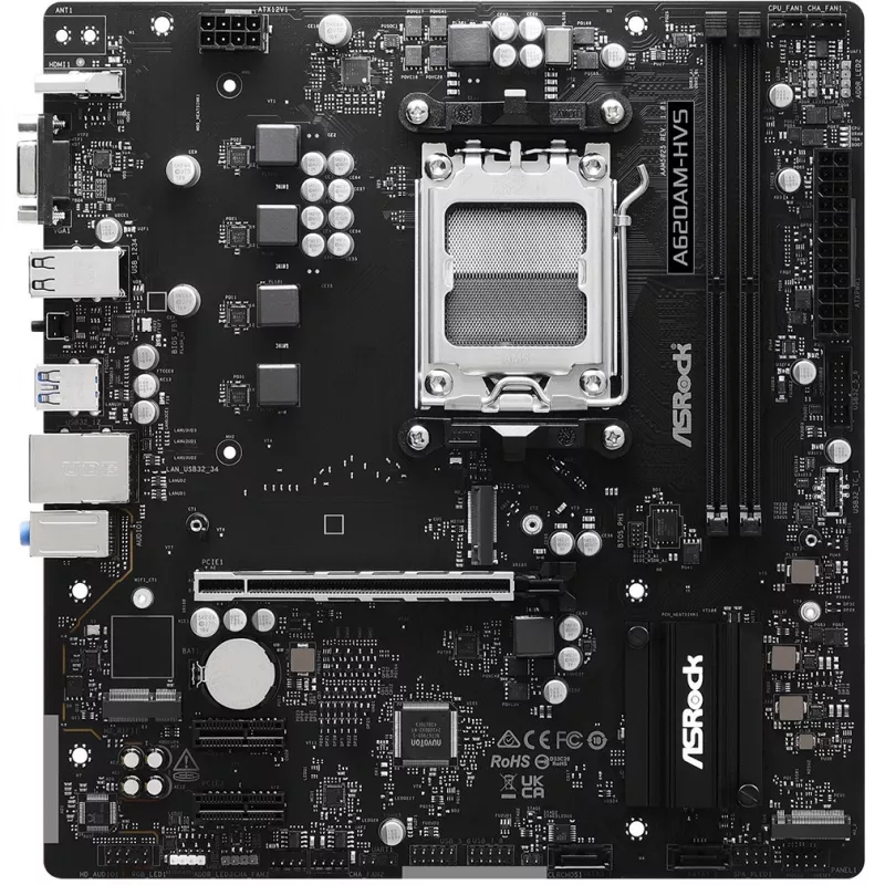 Mātesplate ASRock A620AM-HVS Micro ATX — AMD A620A mikroshēmojums, Socket AM5, DDR5, 2 DIMM, līdz 128 GB, HDMI 2.1, M.2 2280