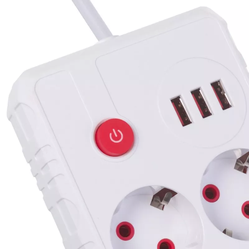 Strāvas sadalītājs MACLEAN MCE388 W — 2 rozetes, 3×USB, 110–240V, 2500W, 3 m kabelis, balts