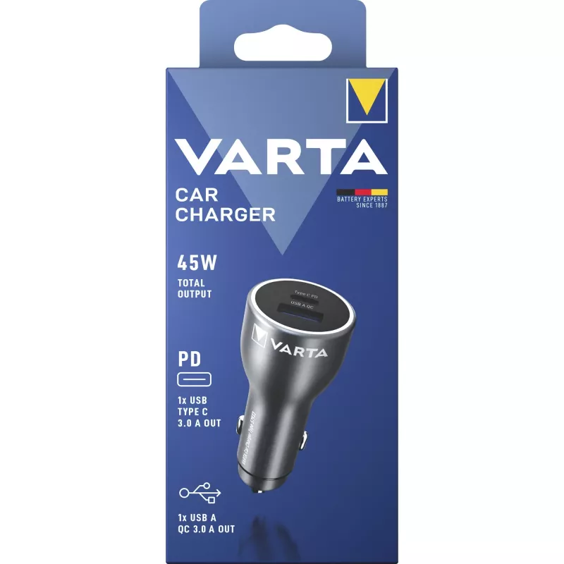 Automašīnas lādētājs Varta 57933101111, 45 W kopējā jauda, 1× USB-A, 1× USB-C