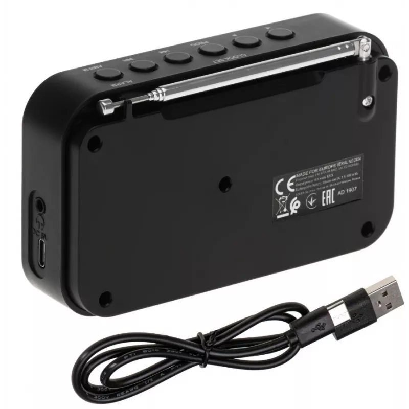 Pārnēsājamais ciparu radio Adler AD 1907 — AM/FM, ciparu uztvērējs, modinātājs, USB-C, 600 mAh baterija, LCD, 20 atmiņas vietas, teleskopiskā antena