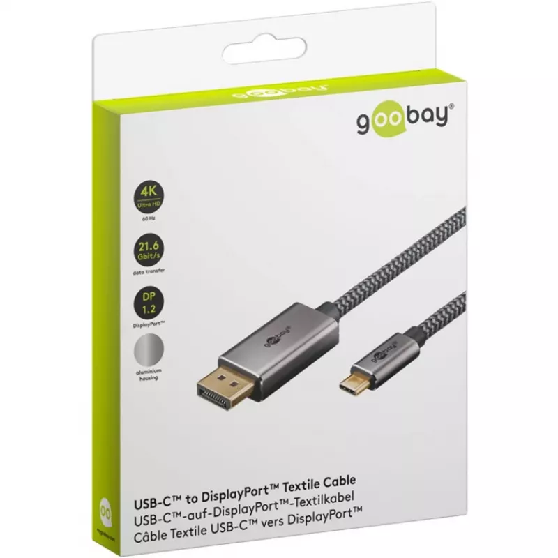 USB Adapter kabelis, USB-C Plug > DisplayPort Plug, 4K 60Hz (Melns/Sudraba, 2 Meter, Braided kabelis)