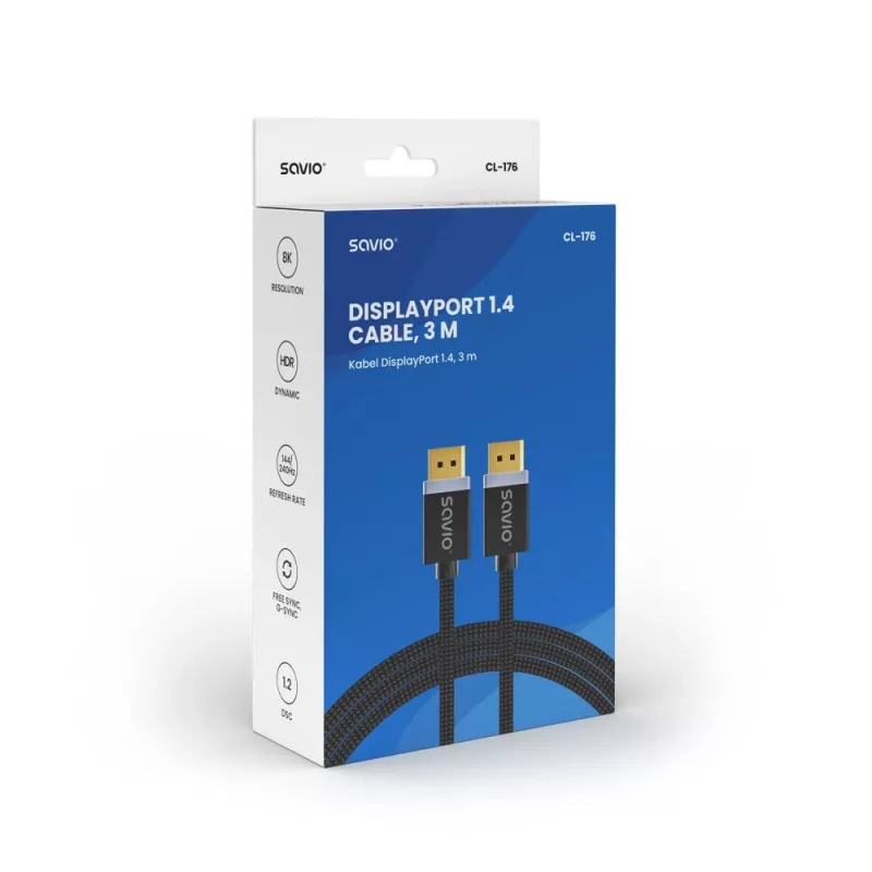 SAVIO DISPLAYPORT (M) - DISPLAYPORT (M) KABELIS, V1.4, 3 m, CL-176