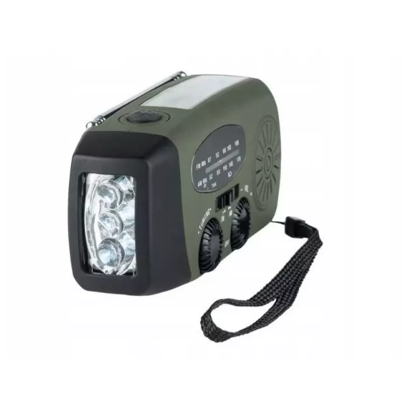Avārijas radio FOSCO 464600 ar LED lukturīti, ārējo akumulatoru, FM, IPX3, saules/manuālo/USB-C uzlādi — zaļš/melns