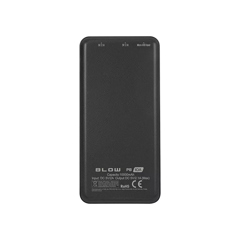 Pārnēsājams ārējais akumulators BLOW PB10A 10000mAh polimēra baterija, 2x USB-A izejas, 22,5W kopējā jauda, Micro‑USB ieeja, melns