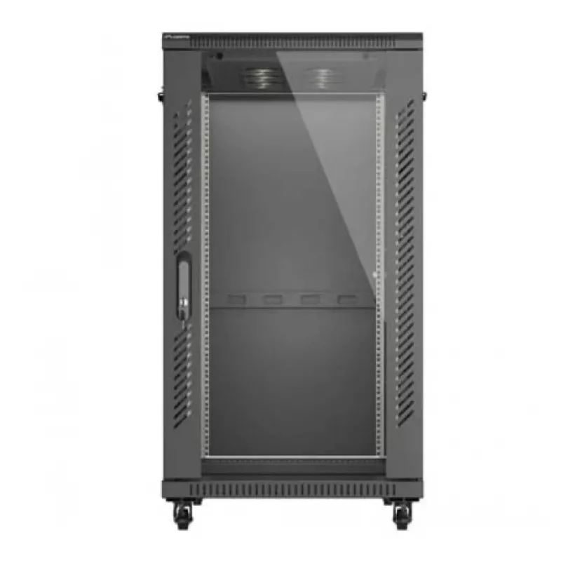 19 collu statīva skapis LANBERG 22U 600x1000 mm, melns, stikla priekšējās un aizmugurējās durvis