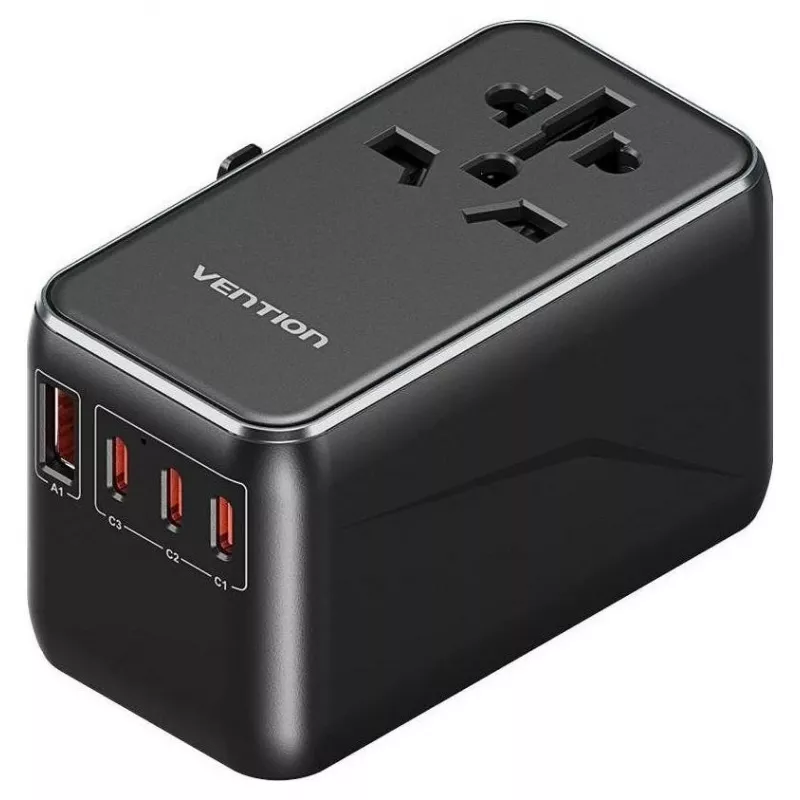 Lādētājs Vention FJGB0 100W GaN ar 3× USB-C un 1× USB-A, melns