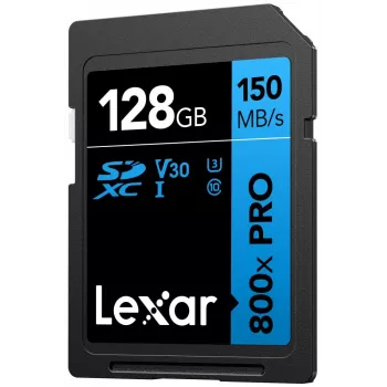 SDXC atmiņas karte Lexar 128GB UHS-I 800xPRO Class 10 U3 V30 — 150 MB/s lasīšana, 45 MB/s rakstīšana, melna
