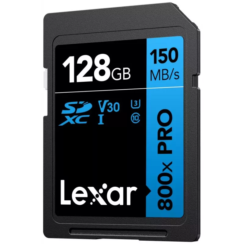 SDXC atmiņas karte Lexar 128GB UHS-I 800xPRO Class 10 U3 V30 — 150 MB/s lasīšana, 45 MB/s rakstīšana, melna