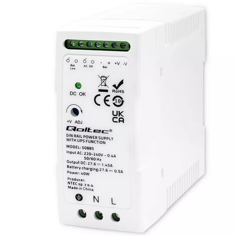 Qoltec 50885 Stabils DIN sliedes barošanas avots ar UPS funkciju | 40W