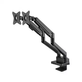 Manhattan Dual Desk Mount for TV & Monitors (Full Motion Gas Spring) ar iebūvētu dokstaciju, Ekrāniem līdz 27 collām, Porti (x7): Ethernet, HDMI (x2), USB-A (x3) un USB-C, Strāvas padeve (100 W) uz USB-C portu (Nepieciešams atsevišķs USB-C sienas lādētājs/kabelis), VESA: 75x75 un 100x100 mm