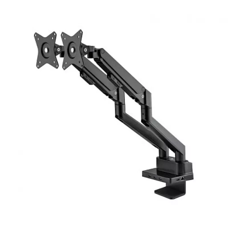 Manhattan Dual Desk Mount for TV & Monitors (Full Motion Gas Spring) ar iebūvētu dokstaciju, Ekrāniem līdz 27 collām, Porti (x7): Ethernet, HDMI (x2), USB-A (x3) un USB-C, Strāvas padeve (100 W) uz USB-C portu (Nepieciešams atsevišķs USB-C sienas lādētājs/kabelis), VESA: 75x75 un 100x100 mm