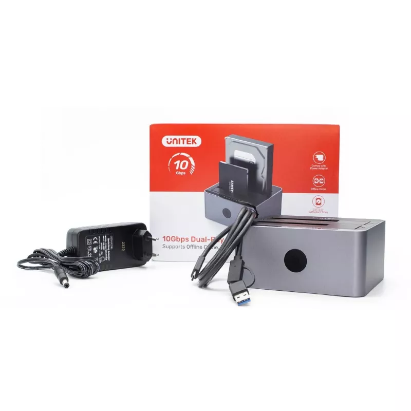 Doku stacija Unitek 51642 2,5 collu/3,5 collu SATA diskiem, USB-C 10 Gb/s, 2 nodalījumu, alumīnija