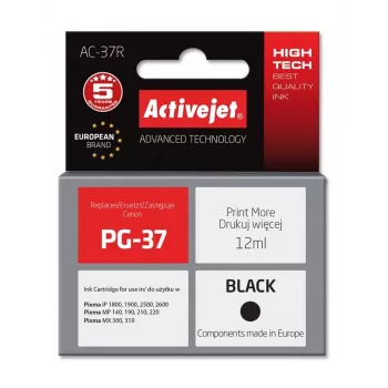 Tintes kasetne ActiveJet AC-37R saderīgs aizstājējs priekš Canon PG-37, melna, 12 ml, augstas ietilpības, pigmenta bāzes
