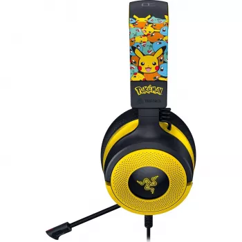 Austiņas Razer Kraken V4 X Pokemon — vadu USB-C/USB-A, supraaurālas, 20–20000 Hz, 1,8 m kabelis, 310 g, melnas/dzeltenas