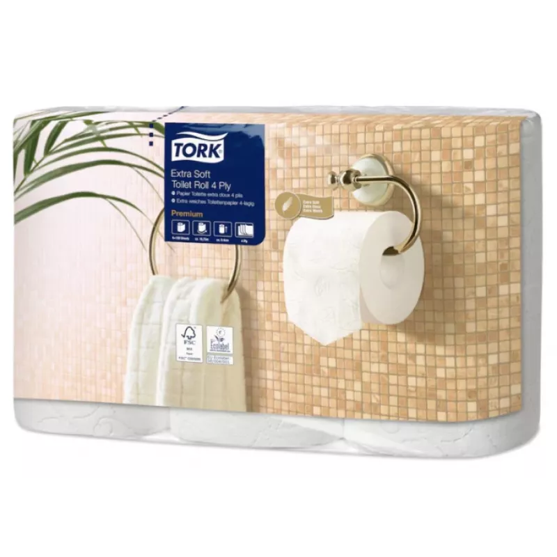 Tualetes papīrs Tork Premium Extra Soft Conventional T4 — 4-kārtu ruļļi 9,7 cm x 19,1 m, 6 gab. iepakojumā