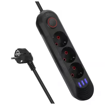 Strāvas sadalītājs MACLEAN MCE394 B — 3 rozetes + 3×USB A, 110–240 V, 2,1 A USB, 2500 W, 1,5 m kabelis, melns