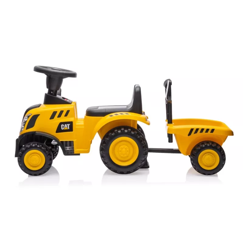 CAT traktors ar piekabi, dzeltens, braucamais