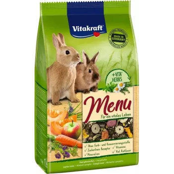 Pilnvērtīga granulu barība trušiem Vitakraft Menu Vital 3 kg — pieaugušiem, graudaugu garša, 12,5% kopproteīna, gremošanas atbalsts, maiss