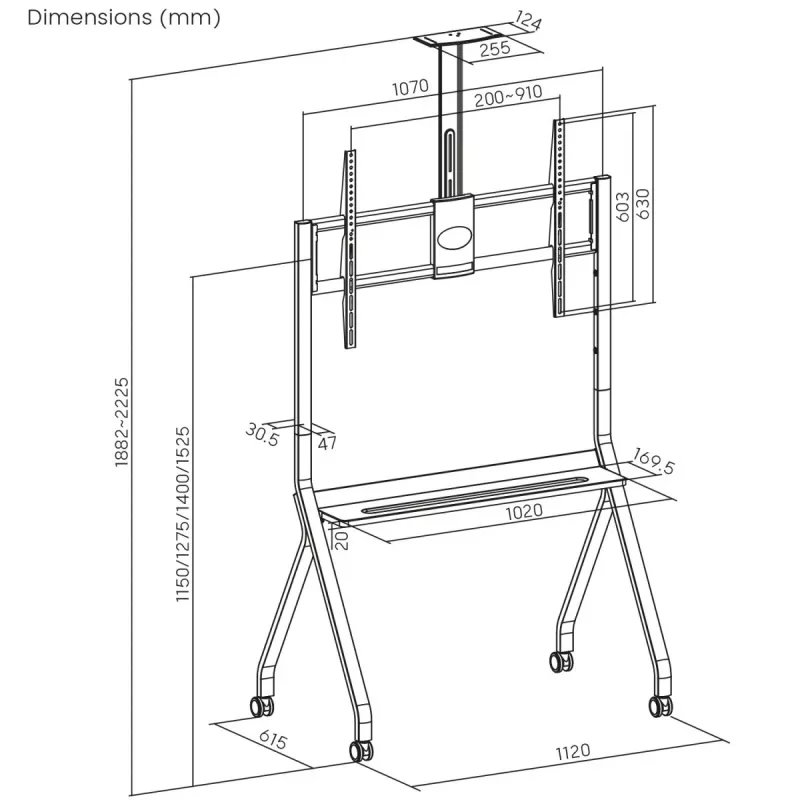 Grīdas TV statīvs MACLEAN MC-114 W displejiem 55 collas–100 collas, balts, VESA līdz 900x600, maks. slodze 120 kg, augstums 115–152 cm, plaukts