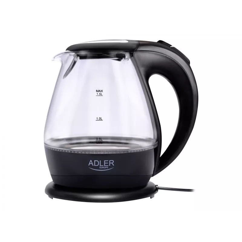 Tējkanna | Adler | Tējkanna | AD 1224 | Standarta | 2000 W | 1,5 L | Stikls | 360° grozāma pamatne | Melna