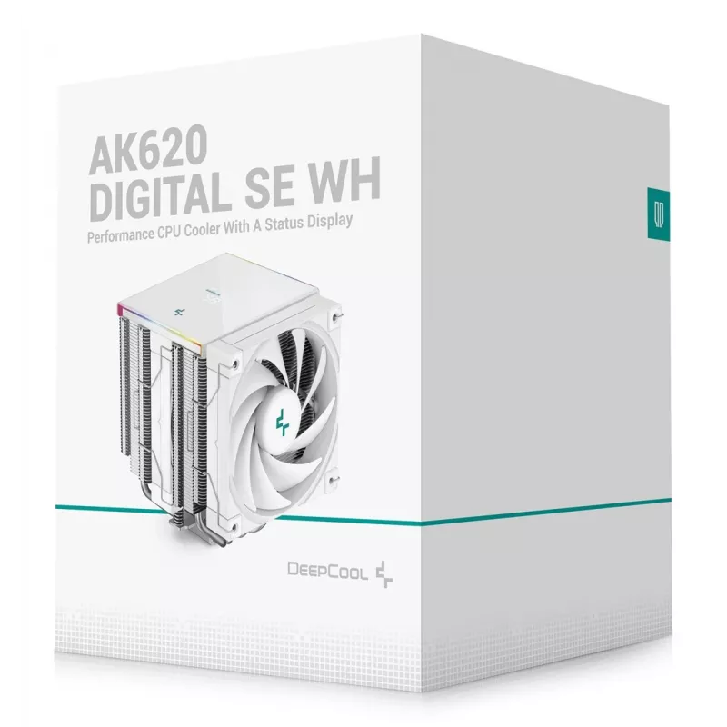 Gaisa dzesētājs DeepCool AK620 Digital SE balta — divi 120 mm ventilatori, 6 siltuma caurules, PWM, LGA 1700 atbalsts, iebūvēts displejs