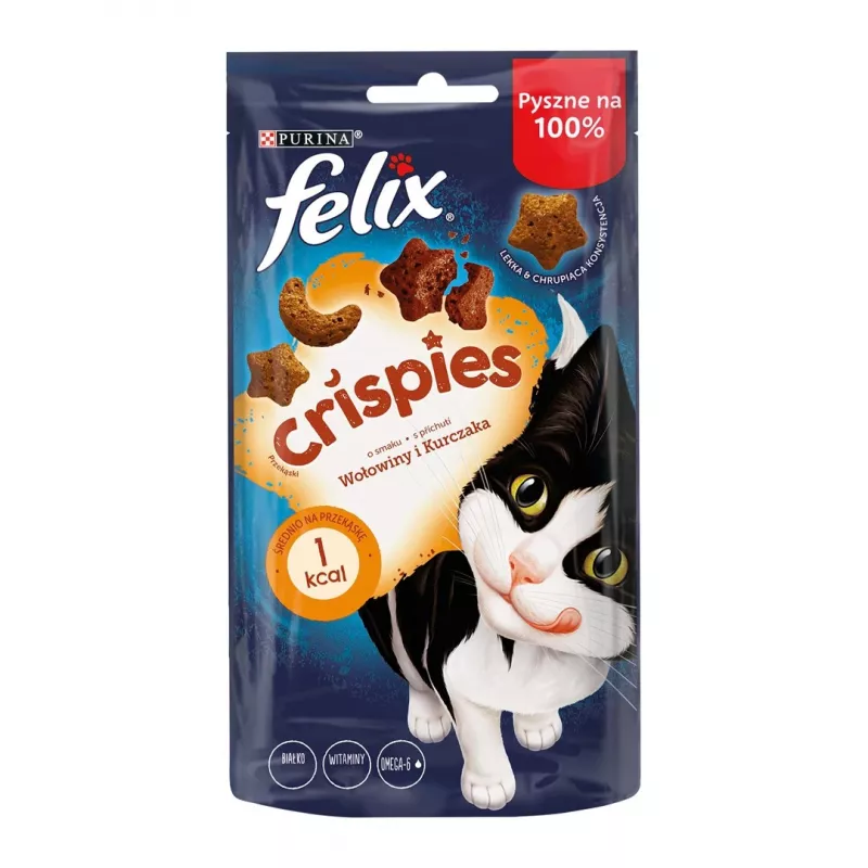 Sausais kaķu kārums Felix Crispies Liellopu gaļa & Vista 45 g — gaļīgs kraukšķīgs našķis pieaugušiem kaķiem, 31,5% olbaltumvielu, 15,5% tauku