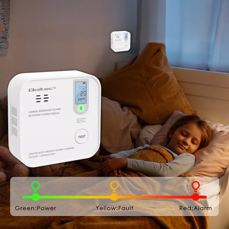 Oglekļa monoksīda sensors QOLTEC 52577 — ar baterijām darbināma signalizācija, 85 dB skaņas līmenis