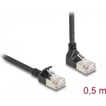 Tīkla kabelis DeLOCK RJ45 Cat.6A S/FTP plāns 90° lejupvērsts leņķveida / taisns 0,5 m melns