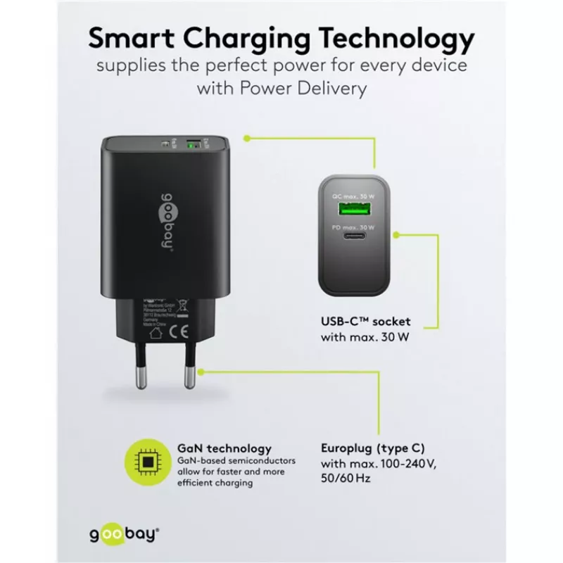 Goobay USB-C PD GaN Dual Fast Charger 30 W melns (75335)
