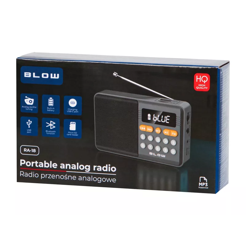 Pārnēsājams analogais AM/FM Bluetooth radio BLOW RA18 ar FM uztvērēju un Bluetooth savienojumu