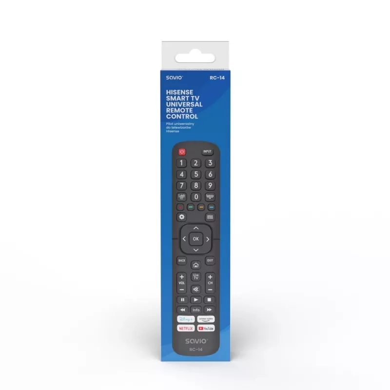 Universāla tālvadības pults SAVIO RC-14 Hisense Smart TV, IR bezvadu, atbalsta 14 ierīces, diapazons līdz 10 m, melna