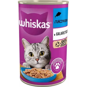 Mitrā kaķu barība Whiskas Lasis 400 g bundžā — pieaugušiem kaķiem, visu šķirņu izmēriem, 5,5% tauku, 6,5% olbaltumvielu