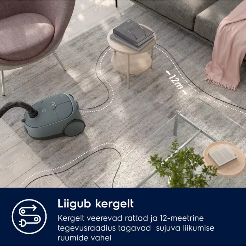 Mucas putekļsūcējs Electrolux EB61C1OG 850W 3,5L putekļu maiss, teleskopiska tērauda caurule, EPA12, 12 m darbības rādiuss