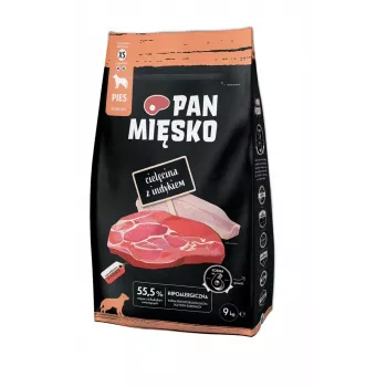 Sausā suņu barība Pan Miesko teļa gaļa ar tītaru XS 9 kg — pieaugušiem mazo šķirņu suņiem, granulas, 30% olbaltumvielu, 20% tauku