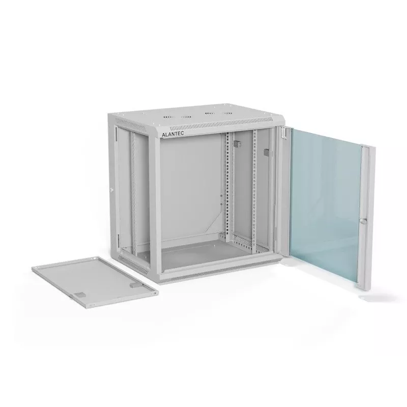 Pie sienas stiprināms 19 collu skapis Alantec 12U 600x450 mm, vienas stikla durvis, noņemami pilnaizmēra aizmugures un sānu paneļi, bloķējams, 4 montāžas sliedes, pelēks, plakanā iepakojumā
