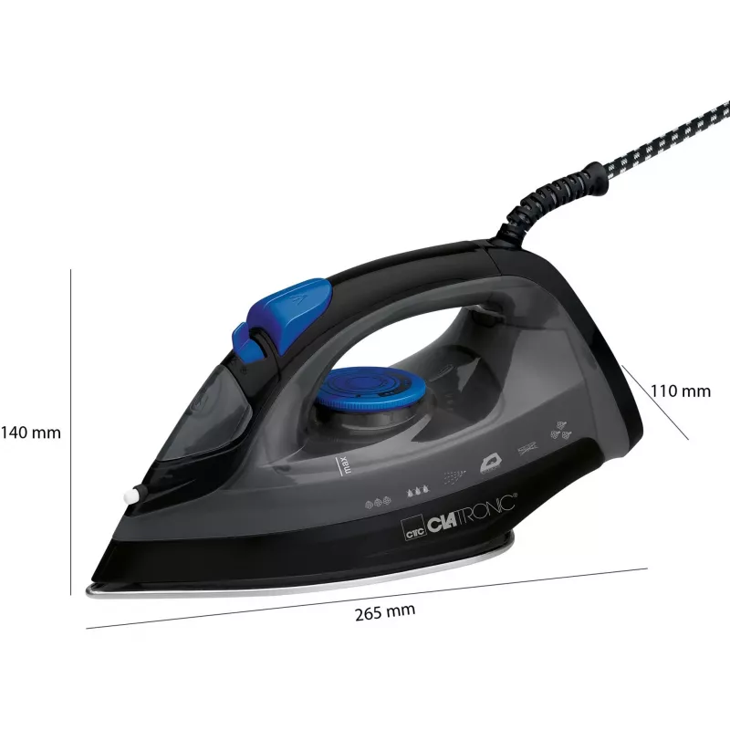 Gludeklis CLATRONIC DB 3703 — Sausais un tvaika gludeklis, nerūsējošā tērauda zole, 1800 W, melns/pelēks