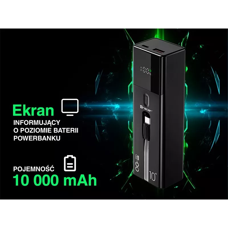 Pārnēsājams ārējais akumulators TRACER Quant 10000 mAh Li-Ion, PD & QC3.0, 3 pieslēgvietas (2×USB-C, 1×USB-A), 100W, melns