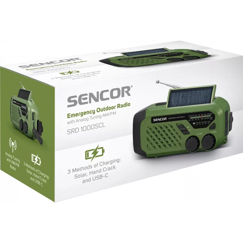 Portatīvs FM/AM radio SENCOR SRD1000SCLGR ar Bluetooth, saules/rokas kloķa/USB-C uzlādi, 2000mAh baterija, IPX4, LED gaismas