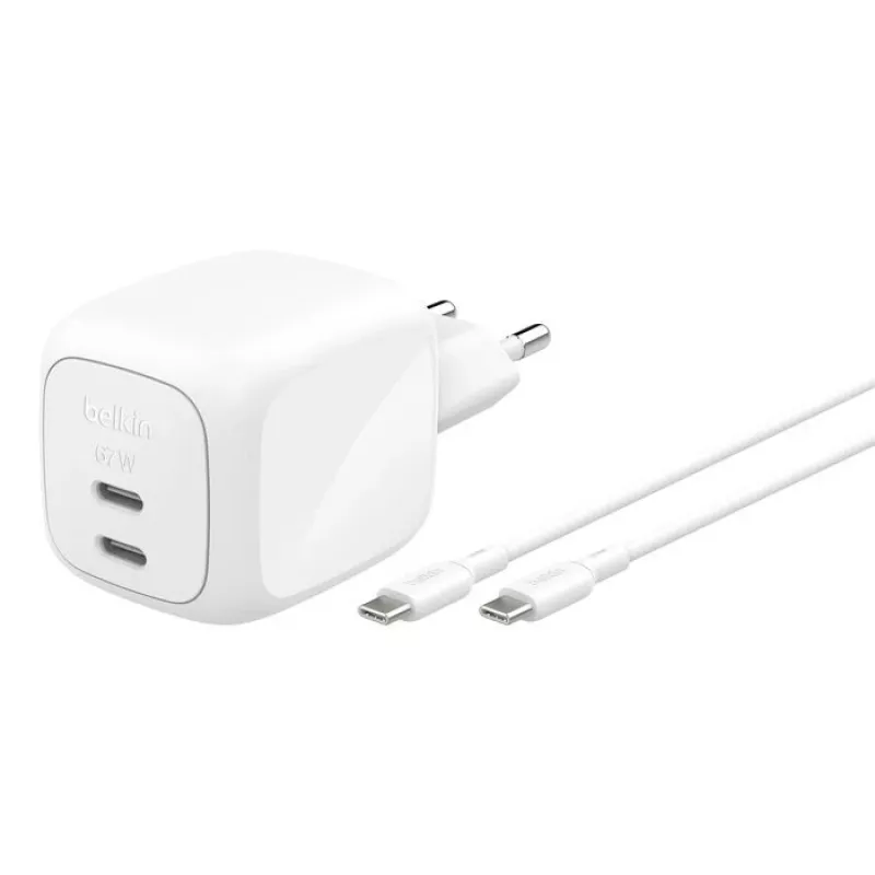 Iekštelpu maiņstrāvas ātrais lādētājs Belkin WCH020KQ2MWH-B6 — 2x USB‑C, 2 m integrēts kabelis, balts