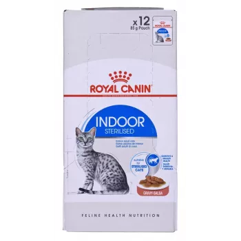Mitrā kaķu barība Royal Canin Indoor Sterilized 85 g paciņa — pieaugušiem kastrētiem iekštelpu kaķiem, mājputnu garšas, iepakojumā 12 x 85 g